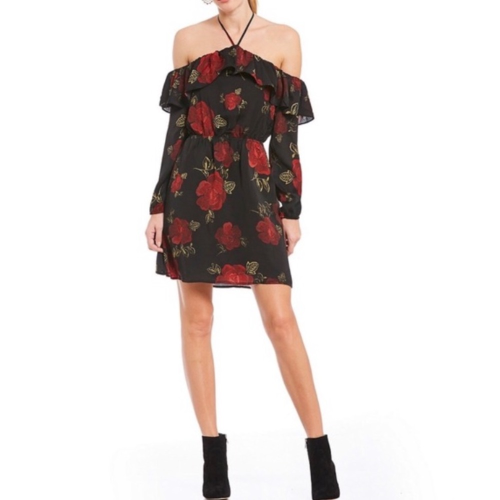 NWT CUPCAKES AND CASHMERE black red floral off shoulder halter neck dress small